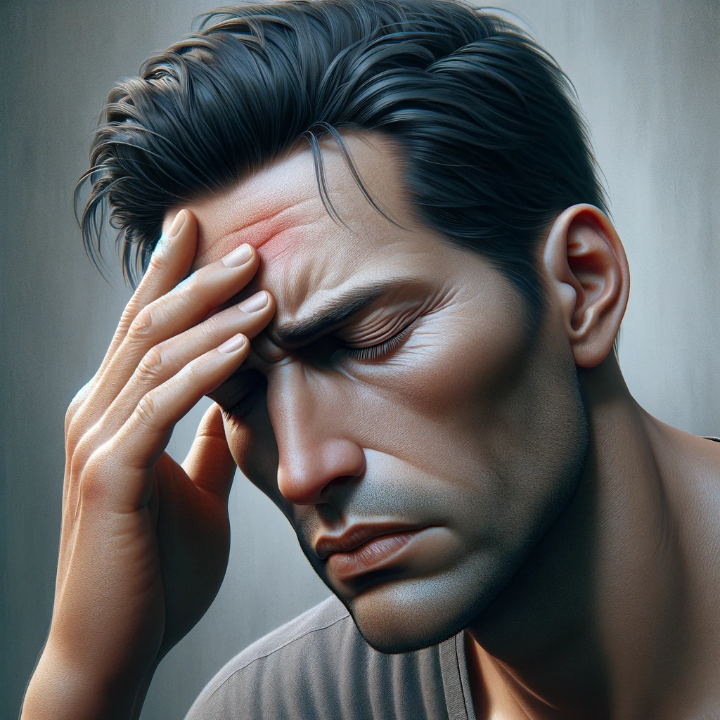 Mann mit Migräne hält sich den Kopf