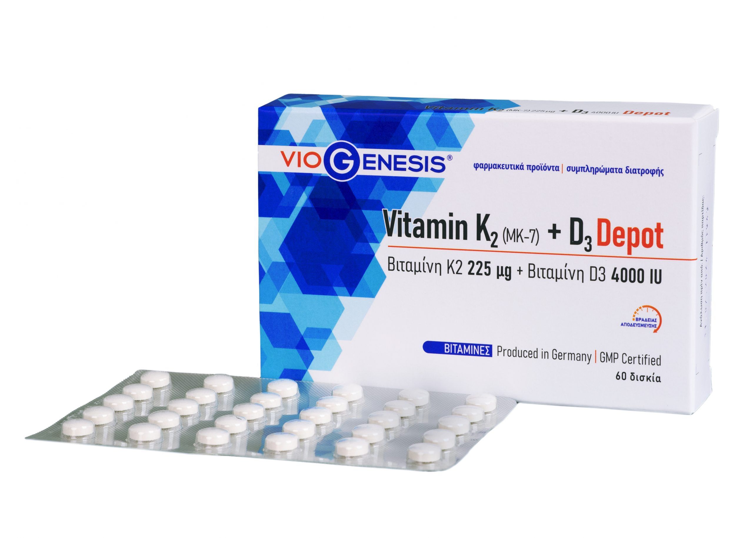 Viogenesis Vitamin K2 (MK-7) 225μg + Vitamin D3 Depot 4000iu 60 ταμπλέτες