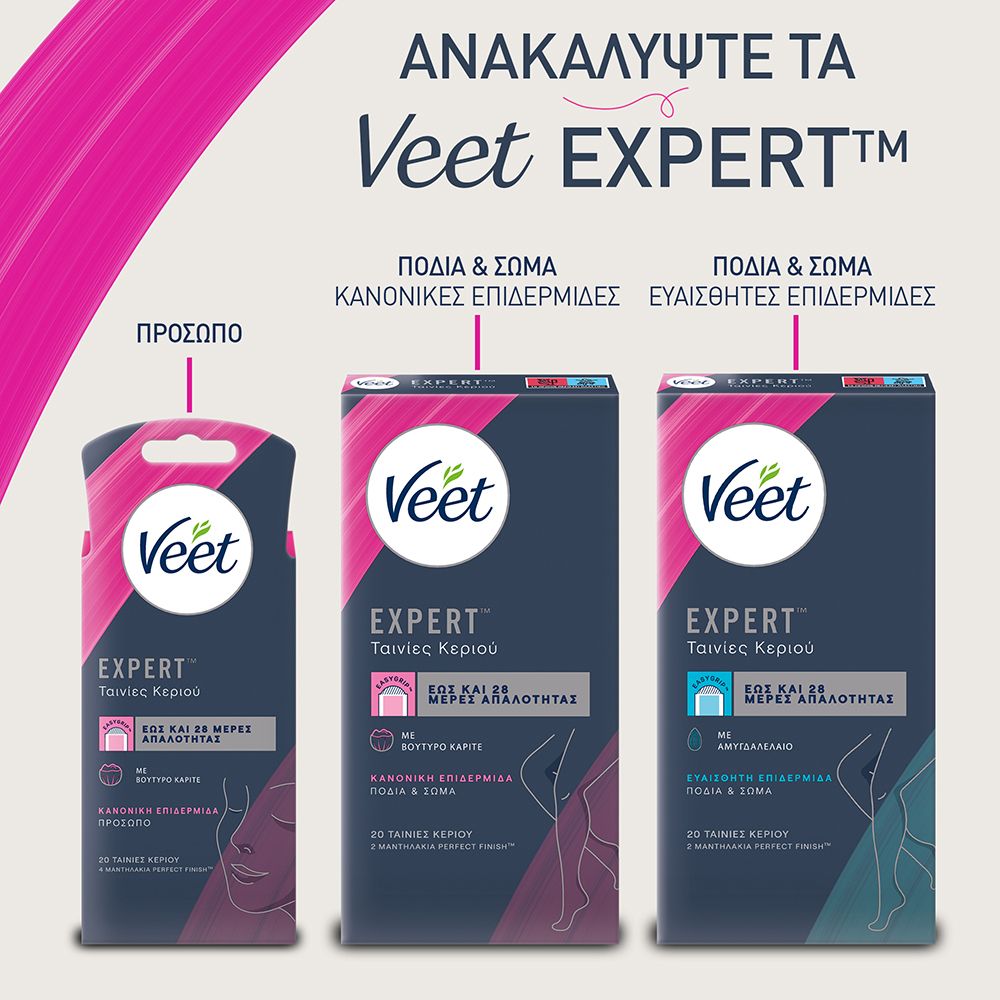 Veet Expert Αποτριχωτικές Ταινίες για Σώμα και Πόδια, Κρύο Κερί για Ευαίσθητες Επιδερμίδες, 20Ταινίες
