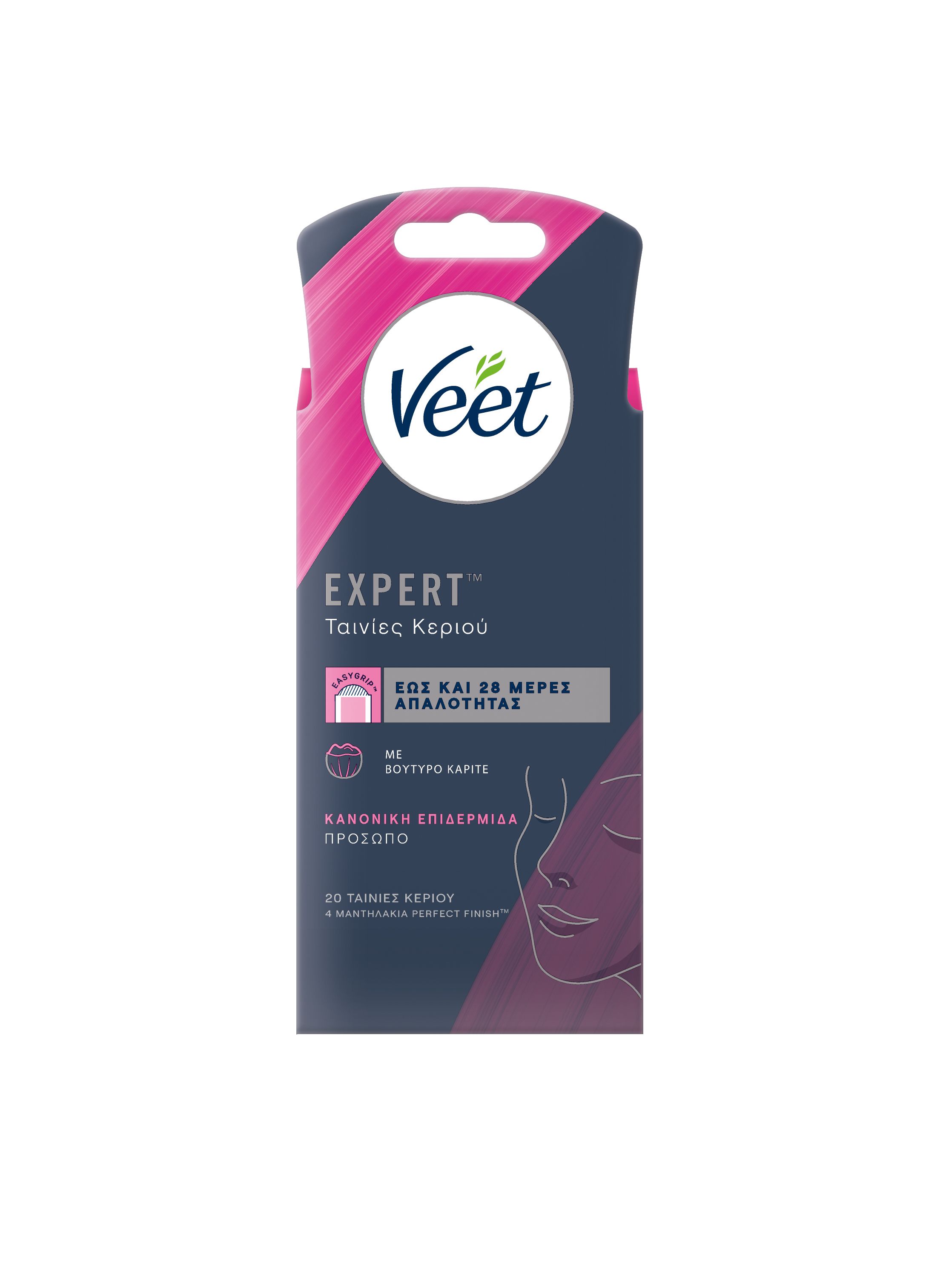 Veet Κρύο Κερί, 20 Tαινίες Προσώπου, Κανονικό Δέρμα + 4 Μαντηλάκια μετά την Αποτρίχωση