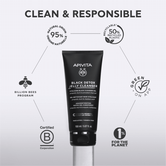 Apivita Black Detox Cleansing Jelly, Μαύρο Gel Καθαρισμού Πρόσωπο & Μάτια  με Πρόπολη & Ενεργός Άνθρακα 150ml
