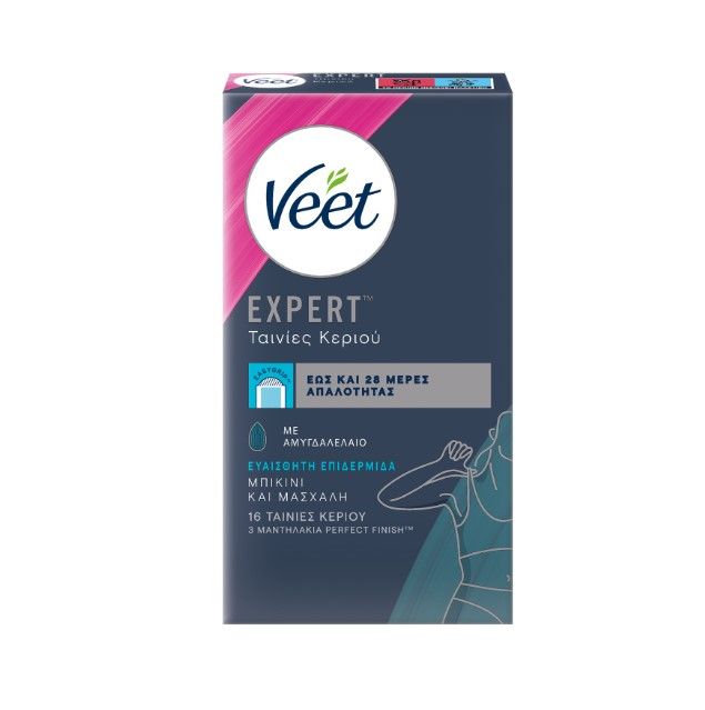 Veet 16 Ταινίες,Κρύο Κερί, Μπικίνι, για Ευαίσθητες Επιδερμίδες + 4 Μαντηλάκια μετά την Αποτρίχωση