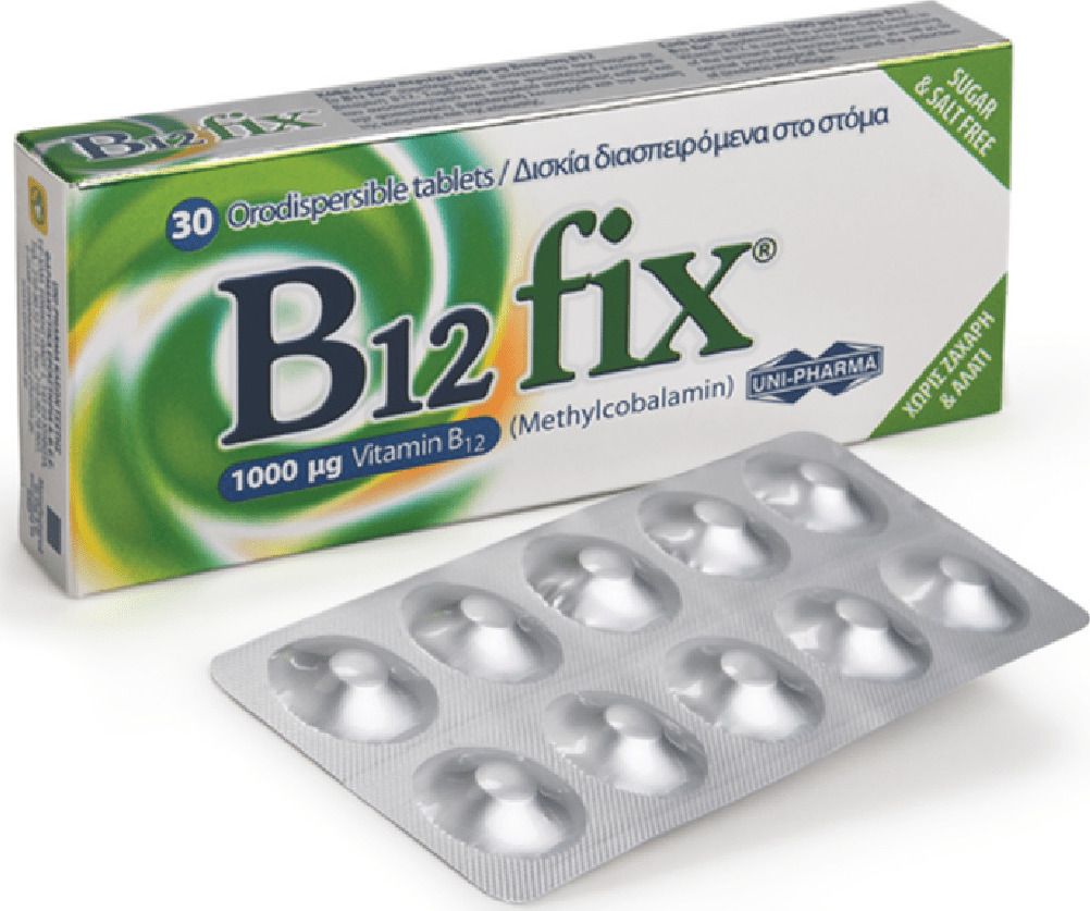 Uni-Pharma B12 Fix Βιταμίνη B12, 1000μg 30Δισκία Διασπειρόμενα στο Στόμα