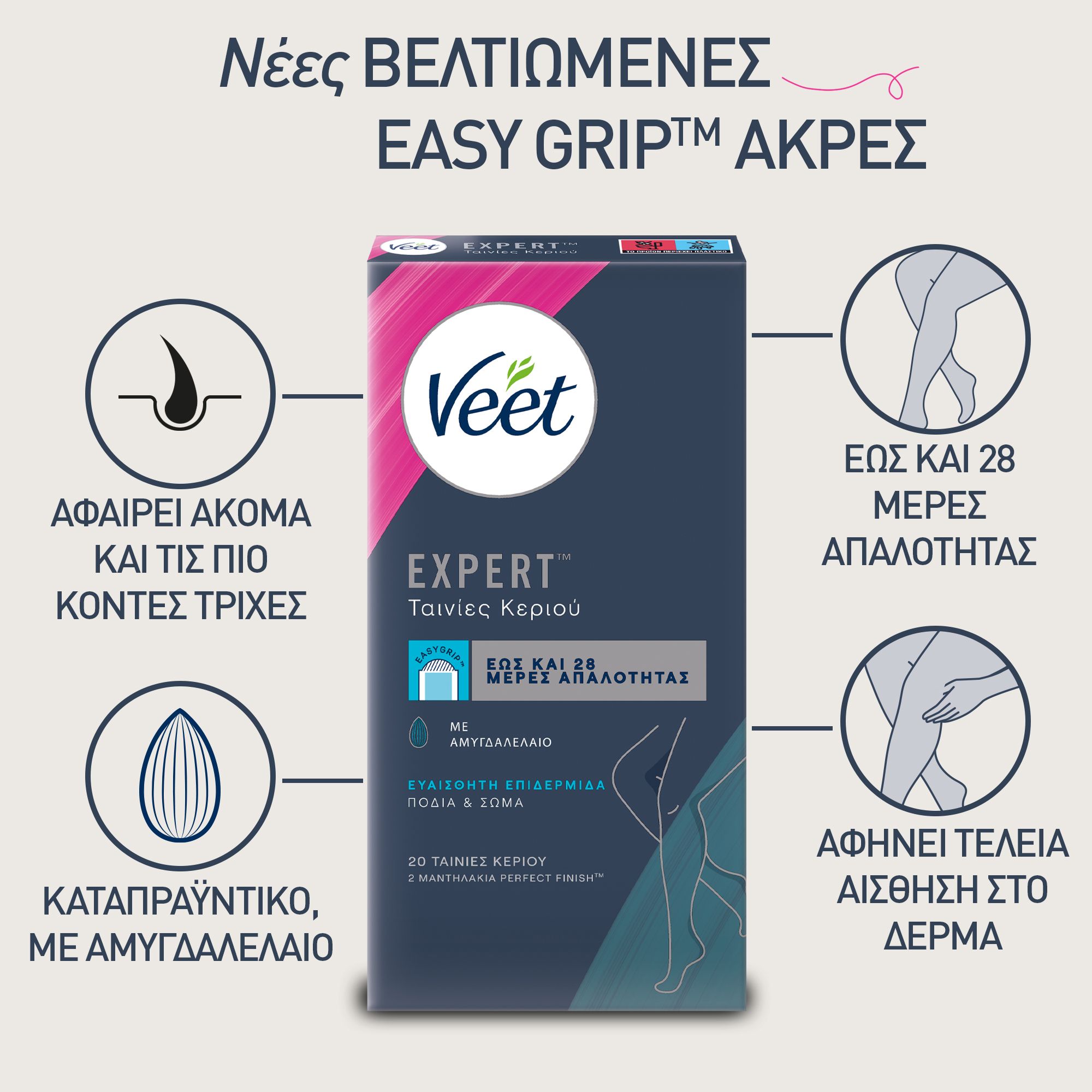 Veet Expert Αποτριχωτικές Ταινίες για Σώμα και Πόδια, Κρύο Κερί για Ευαίσθητες Επιδερμίδες, 20Ταινίες