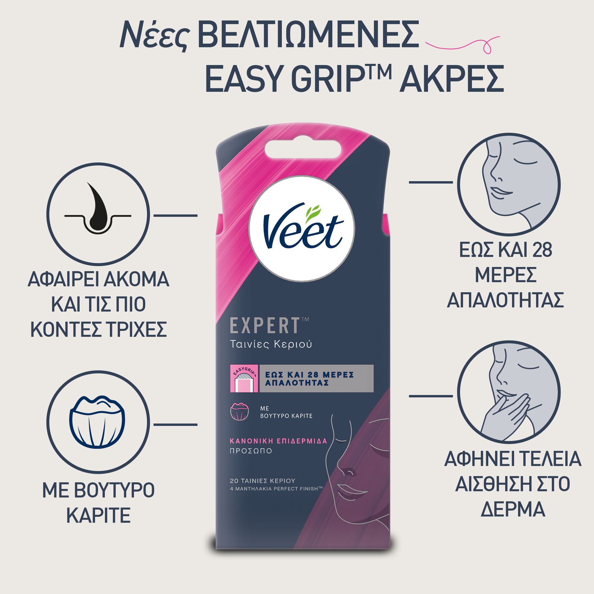 Veet Κρύο Κερί, 20 Tαινίες Προσώπου, Κανονικό Δέρμα + 4 Μαντηλάκια μετά την Αποτρίχωση