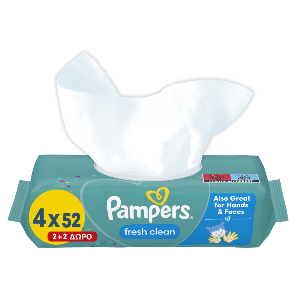 Pampers Fresh Clean Μωρομάντηλα (4 συσκευασίες x 52 Μωρομάντηλα) 104+104 ΔΩΡΟ, 208τμχ
