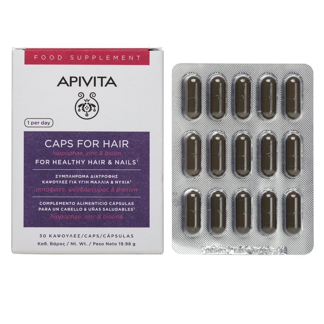 Apivita Caps For Hair, Συμπλήρωμα Διατροφής Κάψουλες για υγιή Μαλλιά και Νύχια με Ιπποφαές 30 Caps