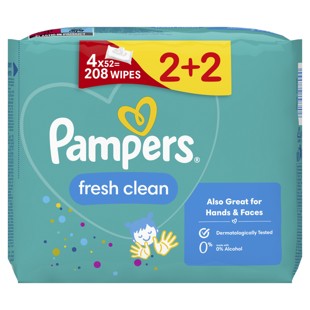 Pampers Fresh Clean Μωρομάντηλα (4 συσκευασίες x 52 Μωρομάντηλα) 104+104 ΔΩΡΟ, 208τμχ