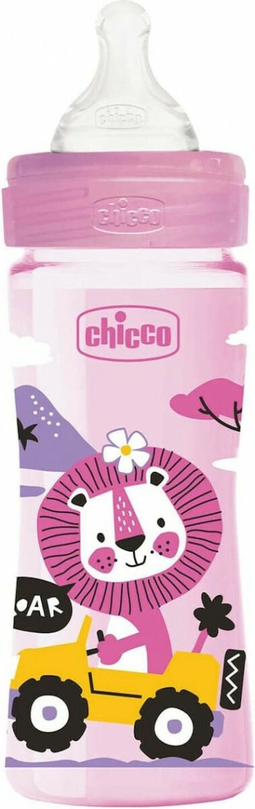 Пластиковая бутылочка Chicco Wellbeing 2+m антиколиковая с силиконовой соской Pink Lion 250мл