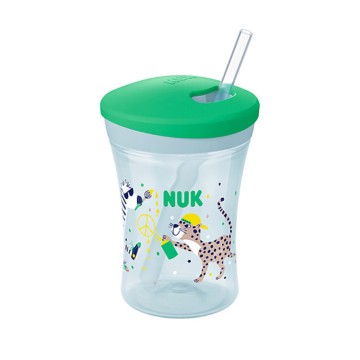 Nuk Action Cup grüner Plastikbecher mit Strohhalm für 12 Monate+ Zebra 230 ml