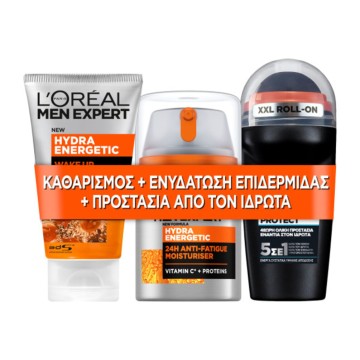 LOreal Paris Men Expert Promo Hydra Energetic Feuchtigkeitscreme 50 ml, Carbon Protect Roll-on 50 ml und Gesichtswaschmittel 100 ml
