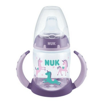Образователна бебешка бутилка Nuk First Choice с дръжки 6 м+ лилава с еднорози 150 мл