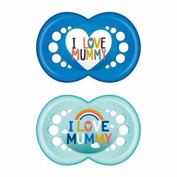 Mam Πιπίλες Σιλικόνης I Love Mummy για 6-16 μηνών 2 τεμάχια Μπλε/Σιελ
