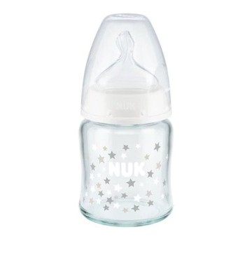 Nuk Glass Baby Bottle First Choice Plus حلمة سيليكون للتحكم في درجة الحرارة مقاس M لعمر 0-6 أشهر بيضاء مع نجوم 120 مل