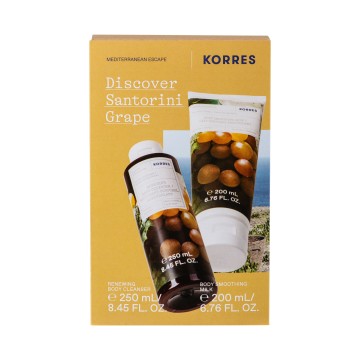 Korres Discover Santorini Grape Promo Обновяващ почистващ препарат за тяло 250 мл и изглаждащо мляко за тяло 200 мл