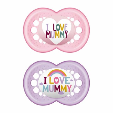 Mam Silikon-Schnuller „I Love Mummy“ für 6–16 Monate, 2 Stück, Rosa/Lila