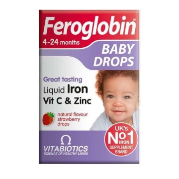 Vitabiotics Feroglobin Baby Drops 4-24 شهرًا سائل الحديد فيتامين C والزنك بنكهة الفراولة 30 مل