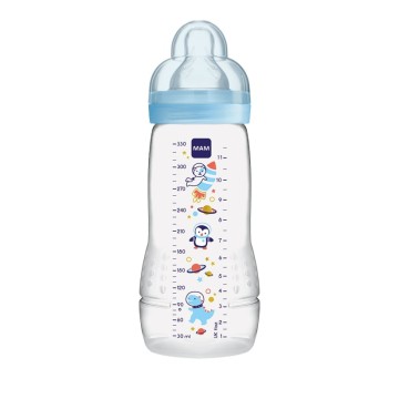 زجاجة مام البلاستيكية للأطفال سهلة الفعالية مع حلمة سيليكون لعمر 4 أشهر فما فوق ، أزرق / فضائي 330 مل