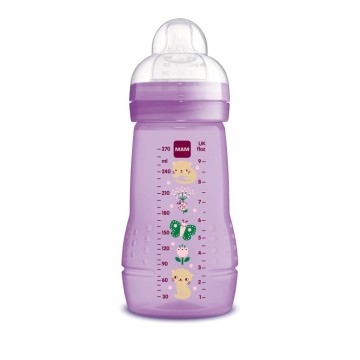 Mam Easy Active Пластмасова бутилка със силиконов биберон за 2+ месеца Purple Kittens 270 мл