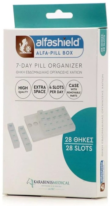 Alfashield 7-Day Pill Organizer with 28 Slots, 1 τεμάχιο Alfashield 7-Day Pill Organizer with 28 Slots, 1 τεμάχιο