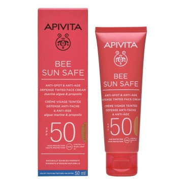 Apivita Bee Sun Safe kundër njollave dhe mbrojtjes kundër moshës, i lyer me ngjyrë të artë për fytyrën SPF50 50ml