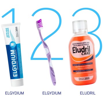 Elgydium Pomo Antiplaque-Zahnbürste Medium 1Stk. & Antiplaque-Zahnpasta 75ml & Eludril Care Lösung zum Einnehmen 500ml