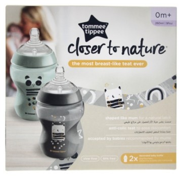 Tommee Tippee Closer to Nature Babyflasche mit kleinem Durchfluss, 260 ml, mit Ollie the Owl-Design (2 Stück), ab 0 Monaten