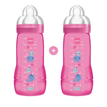 Комплект пластмасови бебешки шишета Mam Easy Active със силиконов биберон за 4+ месеца Дъно във цвят на фуксия 2 бр. 330 ml