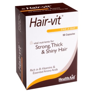 Health Aid Hair-vit, capelli forti, spessi e lucenti, combinazione di vitamine per forza, volume e capelli lucenti, 90 capsule.