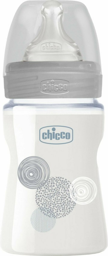 Chicco Γυάλινο Μπιμπερό Well Being Grey Circles, Κατά των Κολικών με Θηλή Σιλικόνης 0+ μηνών 150ml