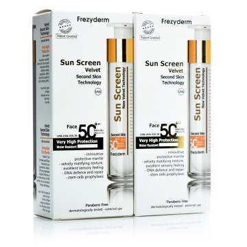 Frezyderm Two (2) Paketim Sun Screen Velvet SPF50 për fytyrë transparente, 50 ml