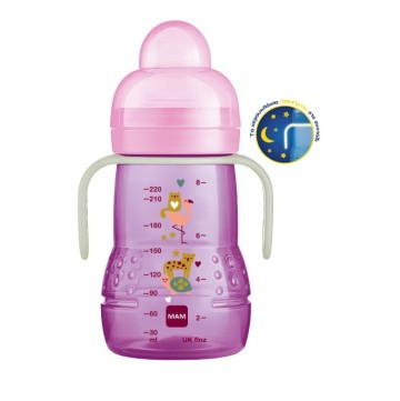 Mam Trainer+ Night Μπιμπερό Μετάβασης Μωβ για 4+ μηνών 220ml Mam Trainer+ Night Μπιμπερό Μετάβασης Μωβ για 4+ μηνών 220ml