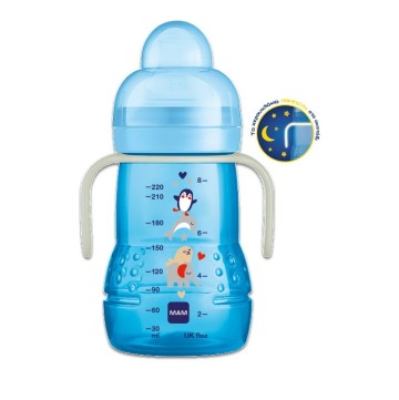 Mam Trainer+ Night Μπιμπερό Μετάβασης Γαλάζιο για 4+ μηνών 220ml Mam Trainer+ Night Μπιμπερό Μετάβασης Γαλάζιο για 4+ μηνών 220ml