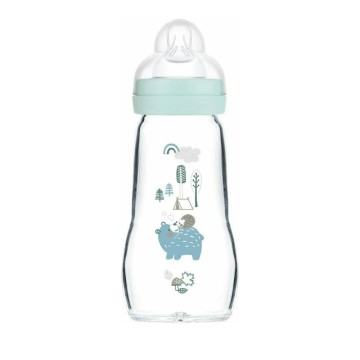Стеклянная бутылочка Mam Feel Good с силиконовой соской для детей от 2 месяцев синяя 260мл