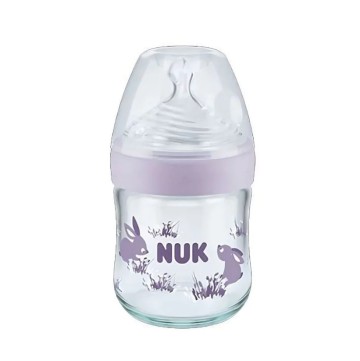 Nuk Стъклена бебешка бутилка Nature Sense Контрол на температурата със силиконов биберон S 0-6 месеца Лилаво зайче 120 ml