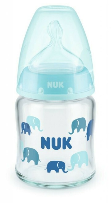 Nuk First Choice Plus زجاجة رضاعة زجاجية للتحكم في درجة الحرارة مع حلمة سيليكون مقاس M 0-6 أشهر زرقاء مع فيل 120 مل