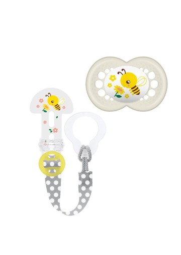 Mam Silicone Pacifier Set Original Beige Bee 6-16 months & Clip it!