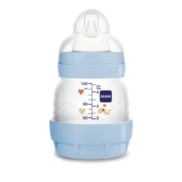 Mam Easy Start Anti-Kolik-Babyflasche aus Kunststoff mit Silikonsauger ab 0 Monaten, Blau/Wal, 130 ml
