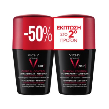 Vichy Promo Clinical Control Deodorant Roll On 96h, 2x50ml