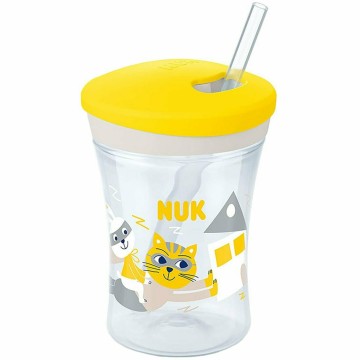 Nuk Action Cup Пластмасова жълта чаша със сламка за 12м+ котка 230мл