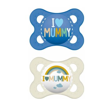 Силиконовые пустышки Mam I Love Mummy для детей от 2 до 6 месяцев, 2 шт., голубые/белые