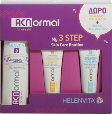 Helenvita ACNormal My 3 Step Skin Care Почистващ гел 200 мл и подарък балансираща емулсия 20 мл, Пирифицираща маска за лице 20 мл