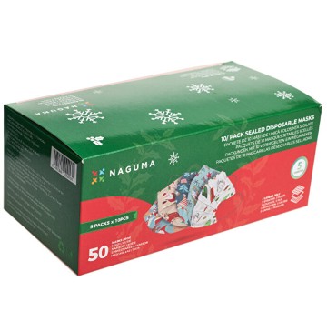 Μάσκα Ιατρική 3ply Ενηλίκων με Λάστιχο Χριστουγεννιάτικη Naguma 50 τεμάχια