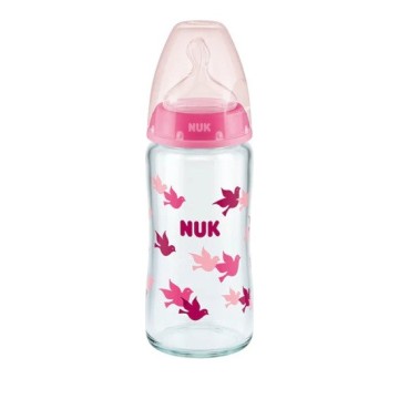 Nuk First Choice Plus Стъклена бебешка бутилка за контрол на температурата със силиконов накрайник M за 0-6 месеца Розова с птици 240 мл