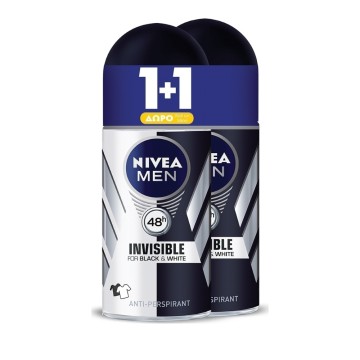 Nivea Men Invisible for Black & White Power Déodorant Roll-On 48H Homme 1+1 Cadeau 50 ml