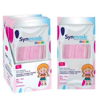 Syndesmos SynMask Mascherina di Protezione Monouso Tipo Chirurgico IIR BFE ≥ 98% per Bambini con Colore Rosa 5x10pz