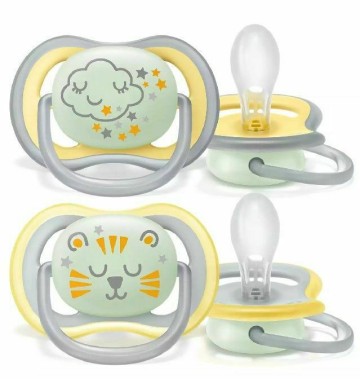 Philips Avent Ultra Air SCF376 Orthodontic Silicone Pacifiers for 18+ months with Bubble Case - Yellow Lion - Gray 2pcs