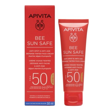 Apivita Bee Sun Safe Защитен тониран крем за лице против петна и стареене SPF50 50 ml