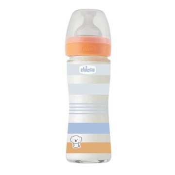 Chicco Well Being Glass Baby Bottle Orange with Blue and Gray Stripes 0m+, 240ml