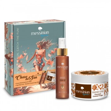 Messinian Spa Promo Olio secco scintillante bronzo, 100 ml e scrub corpo allo zucchero Fudge al cioccolato e caramello, 250 ml